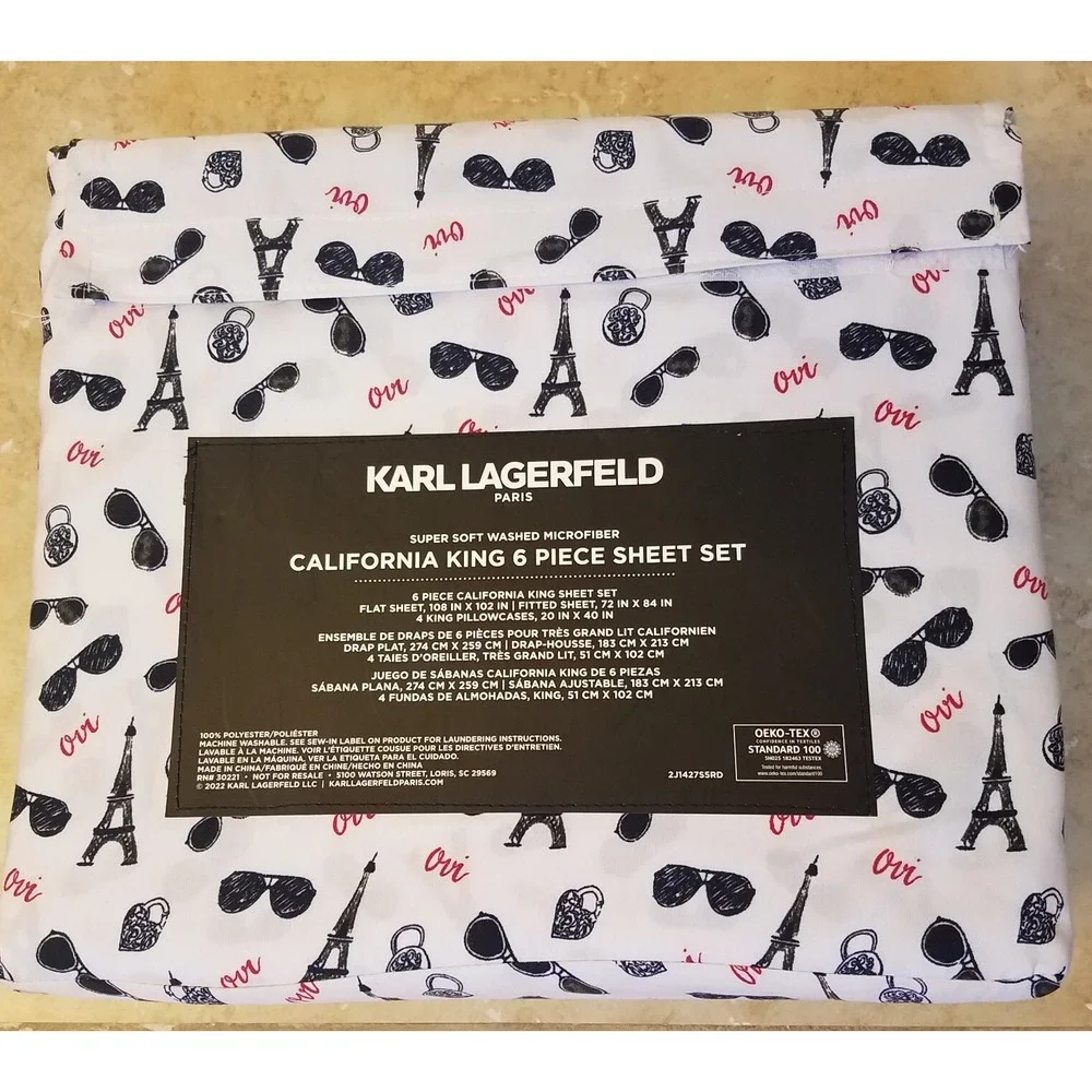 Karl Lagerfeld Paris CAL KING 6pc‎ Sheet Set Soft Black White Eiffel Tower NEW